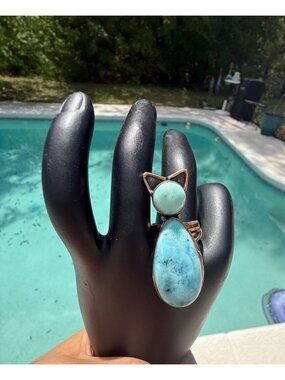 Artisan Cat-Shaped Larimar Copper Statement Ring Adj Handcrafted Whimsical gift